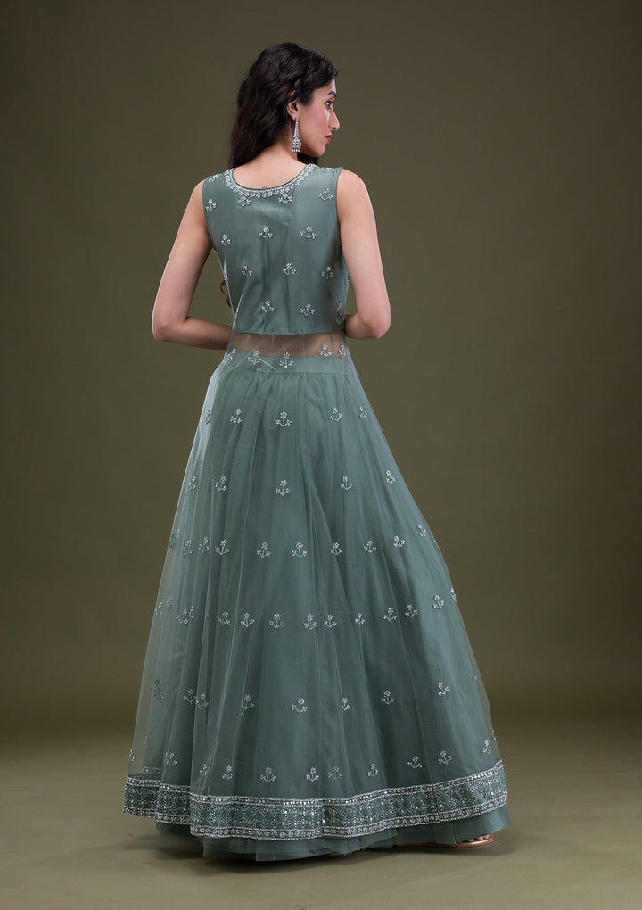 Sea Green Silver Stonework Net Readymade Salwar Suit-Koskii