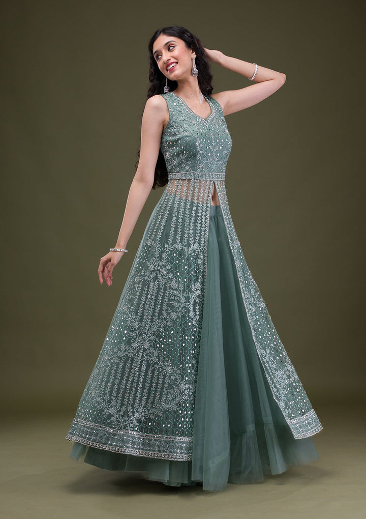 Sea Green Silver Stonework Net Readymade Salwar Suit-Koskii