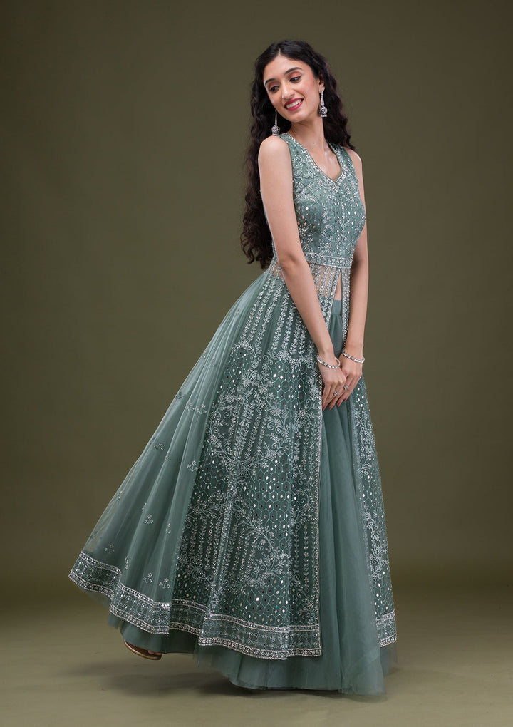 Sea Green Silver Stonework Net Readymade Salwar Suit-Koskii