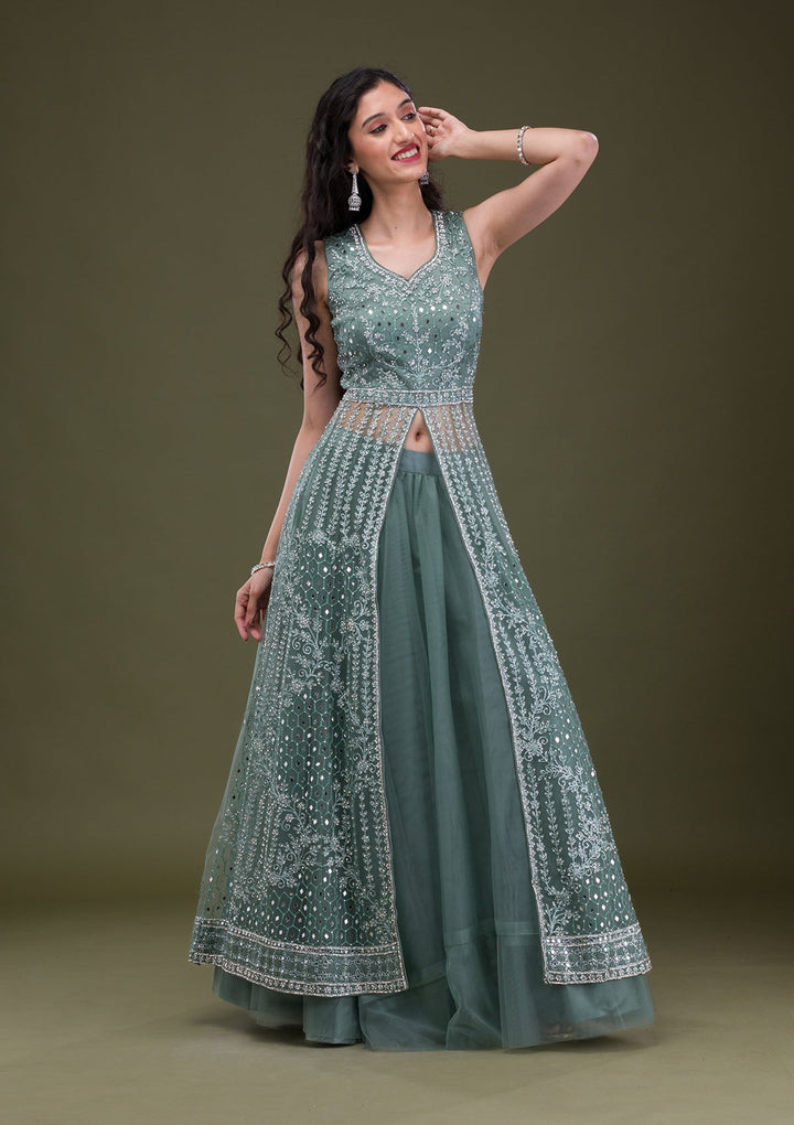 Sea Green Silver Stonework Net Readymade Salwar Suit-Koskii