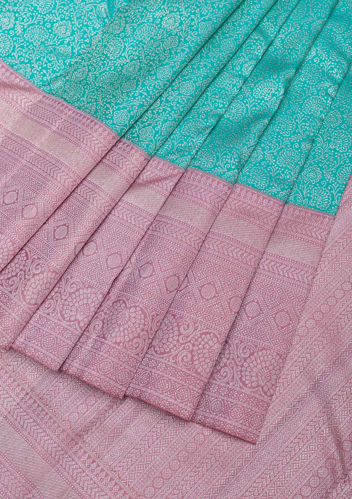 Sea Green Silver Zariwork Pure Silk Saree-Koskii