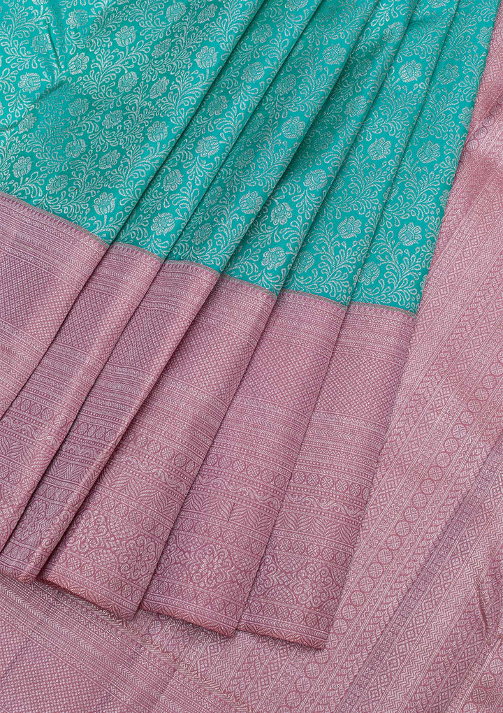 Sea Green Silver Zariwork Pure Silk Saree-Koskii