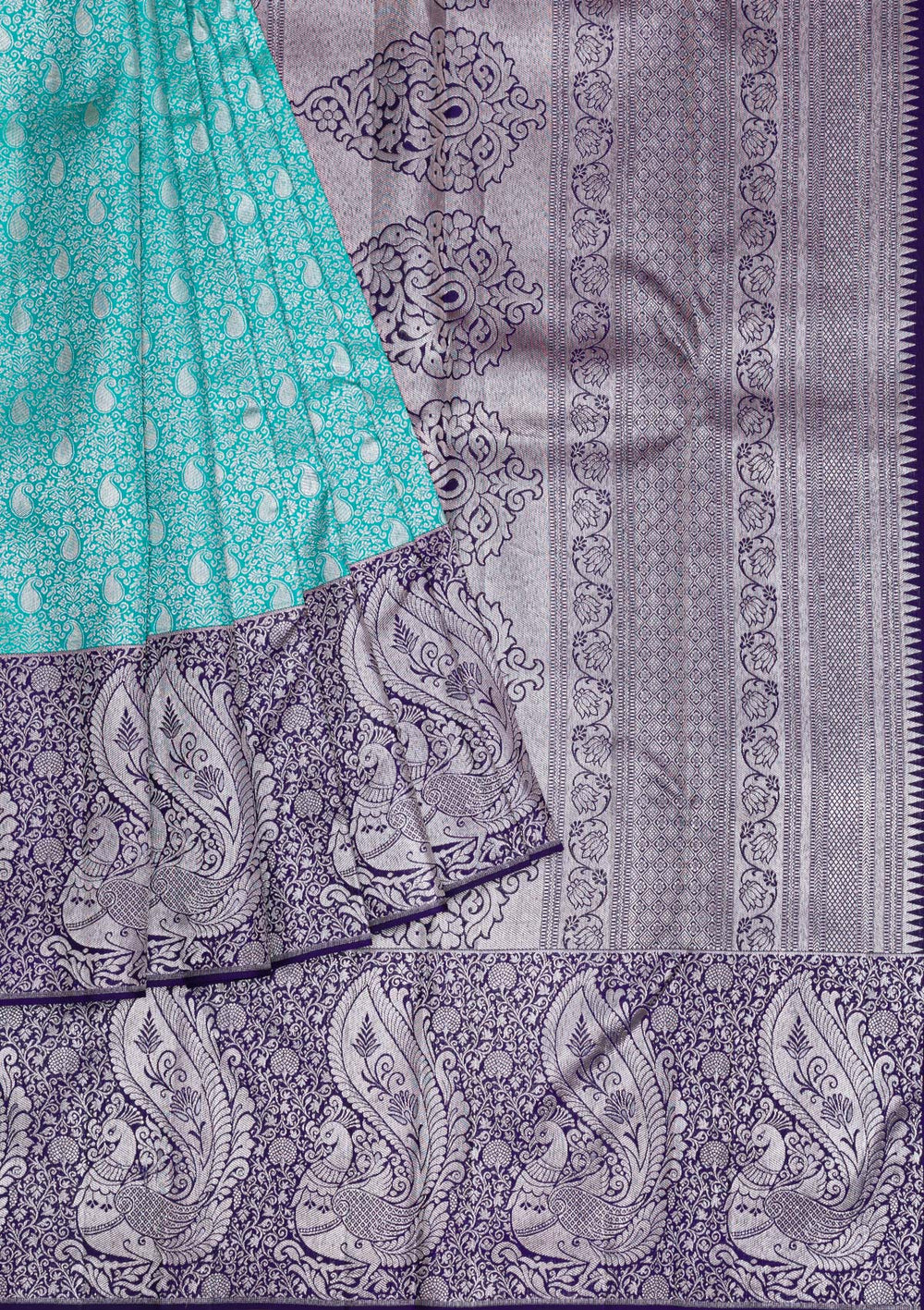 Sea Green Silver Zariwork Pure Silk Saree-Koskii