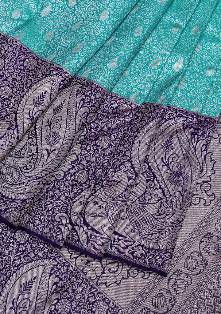Sea Green Silver Zariwork Pure Silk Saree-Koskii