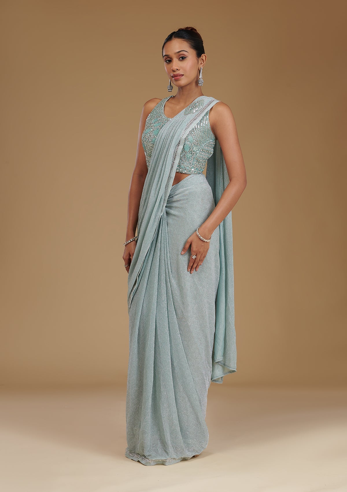 Sea Green Stonework Chiffon Readymade Saree-Koskii