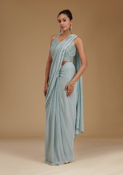 Sea Green Stonework Chiffon Readymade Saree-Koskii