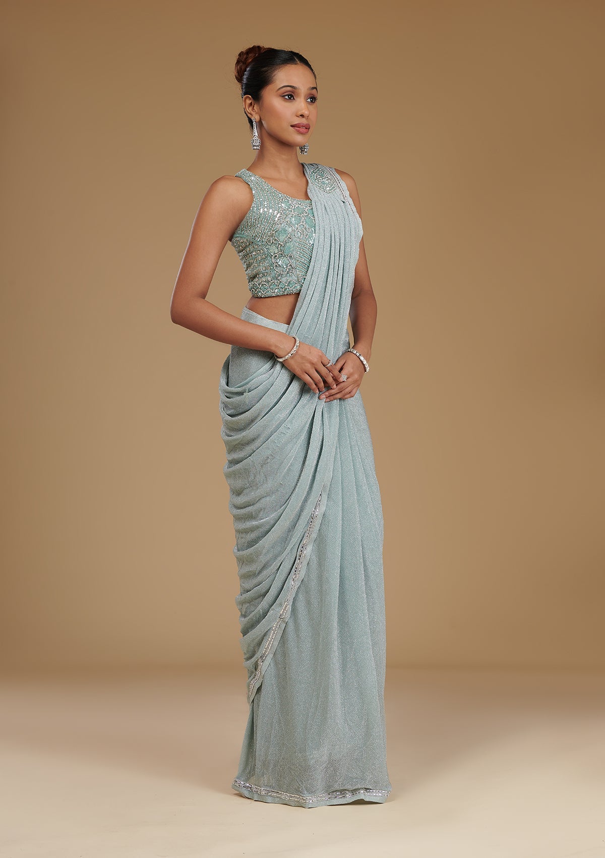 Sea Green Stonework Chiffon Readymade Saree-Koskii