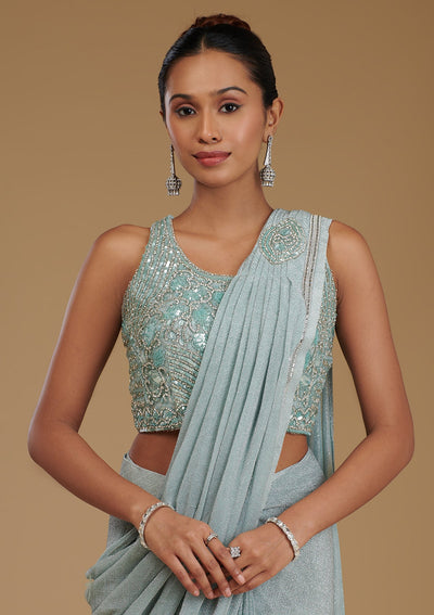 Sea Green Stonework Chiffon Readymade Saree-Koskii