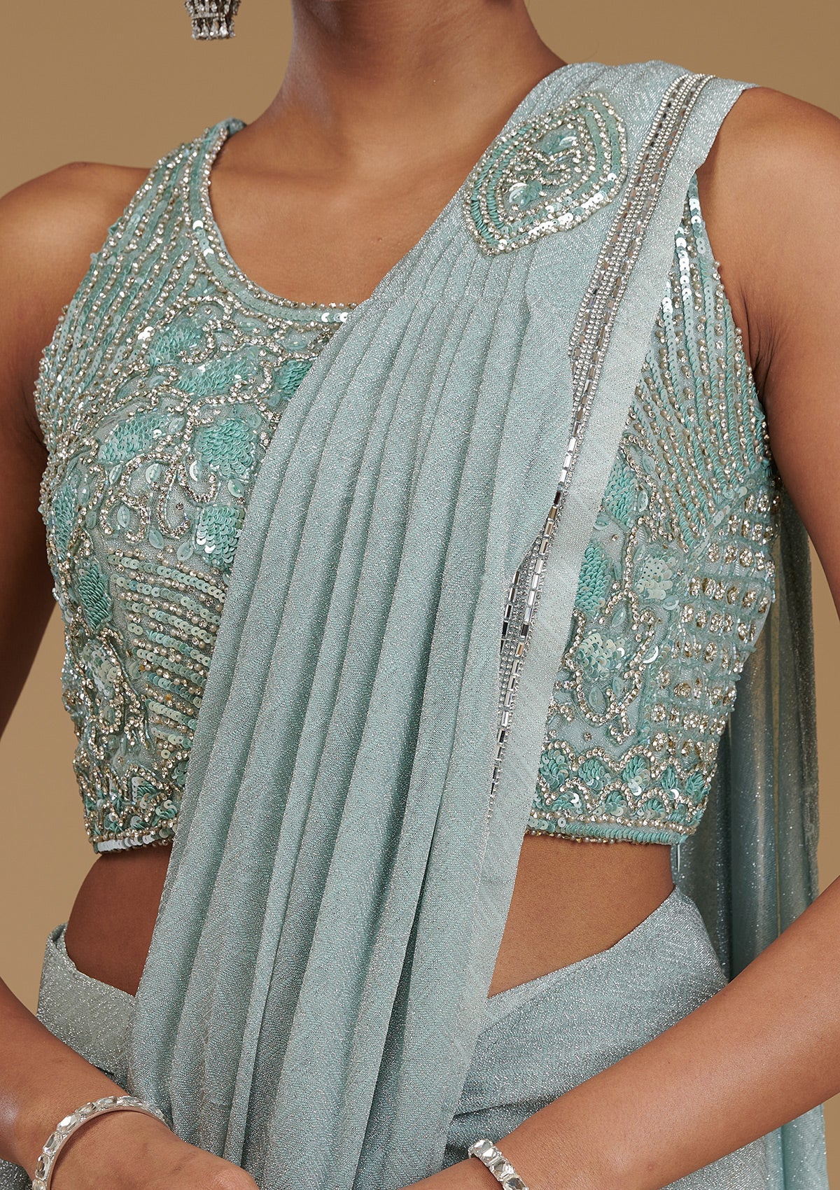 Sea Green Stonework Chiffon Readymade Saree-Koskii