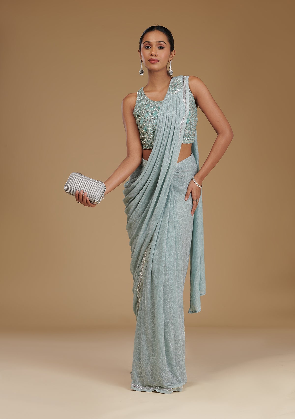 Sea Green Stonework Chiffon Readymade Saree-Koskii