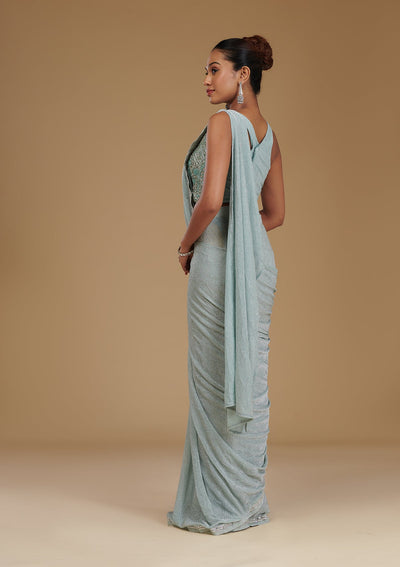 Sea Green Stonework Chiffon Readymade Saree-Koskii