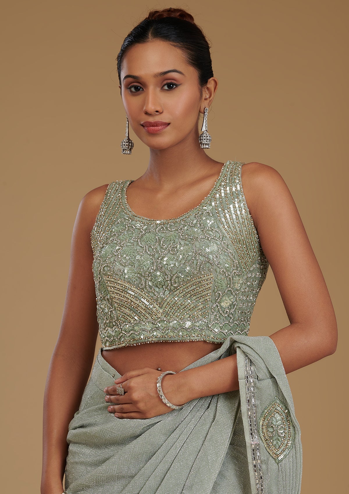 Sea Green Stonework Chiffon Readymade Saree-Koskii