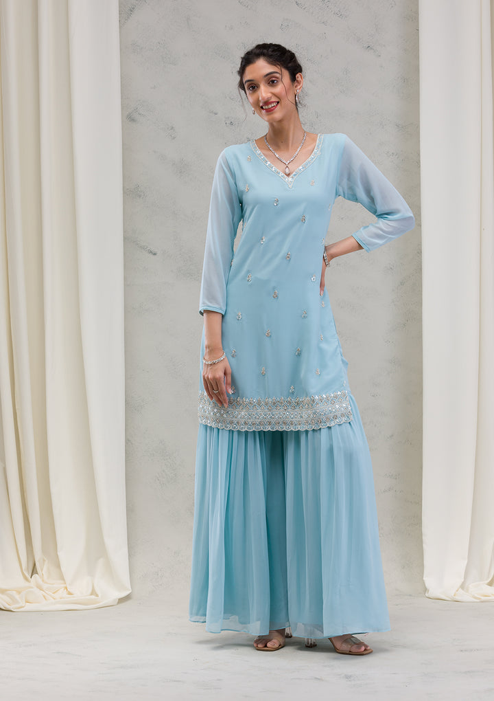 Sky Blue Stonework Georgette Readymade Salwar Kameez
