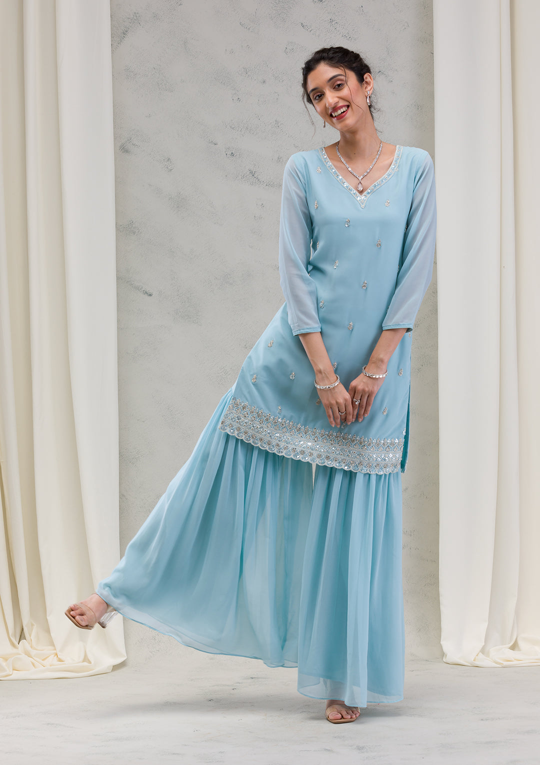 Sky Blue Stonework Georgette Readymade Salwar Kameez