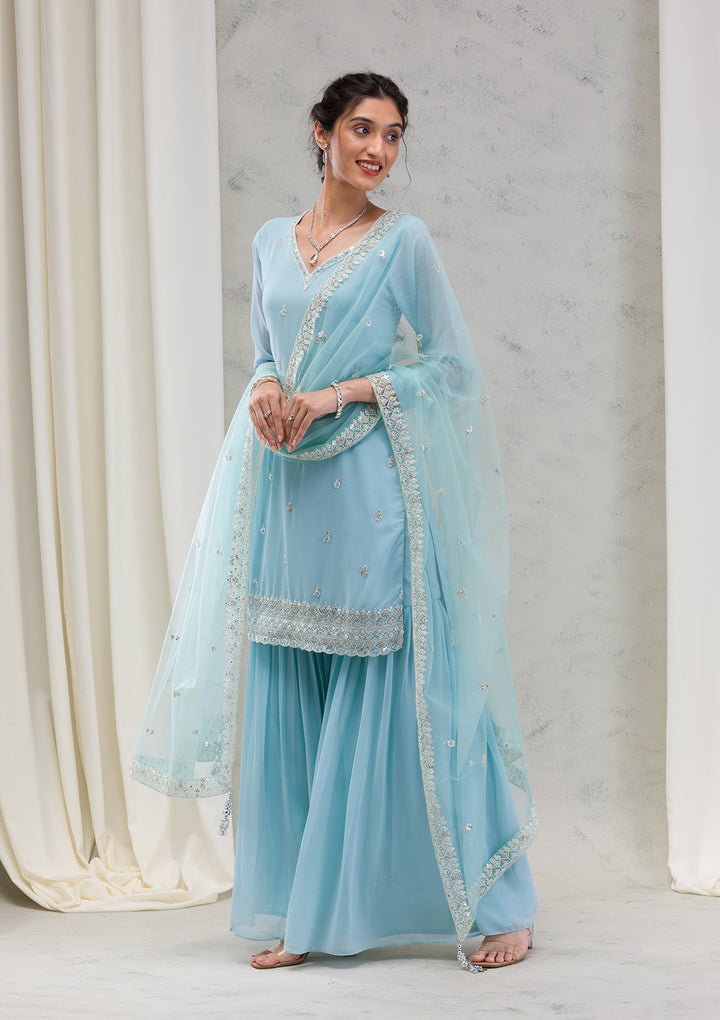 Sky Blue Stonework Georgette Readymade Salwar Kameez