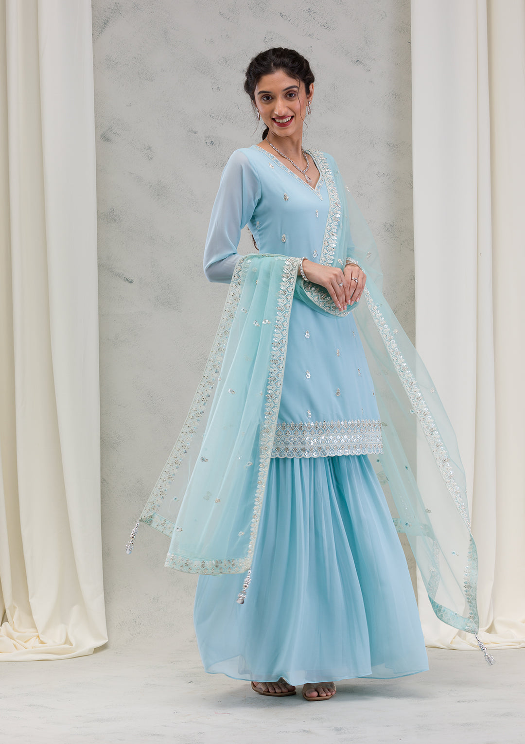 Sky Blue Stonework Georgette Readymade Salwar Kameez