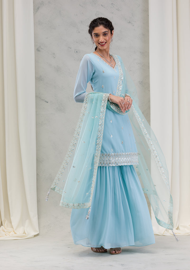 Sky Blue Stonework Georgette Readymade Salwar Kameez