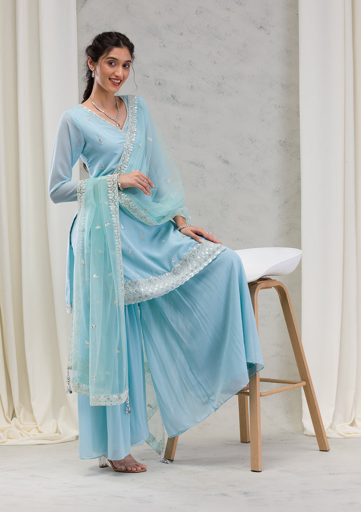 Sky Blue Stonework Georgette Readymade Salwar Kameez
