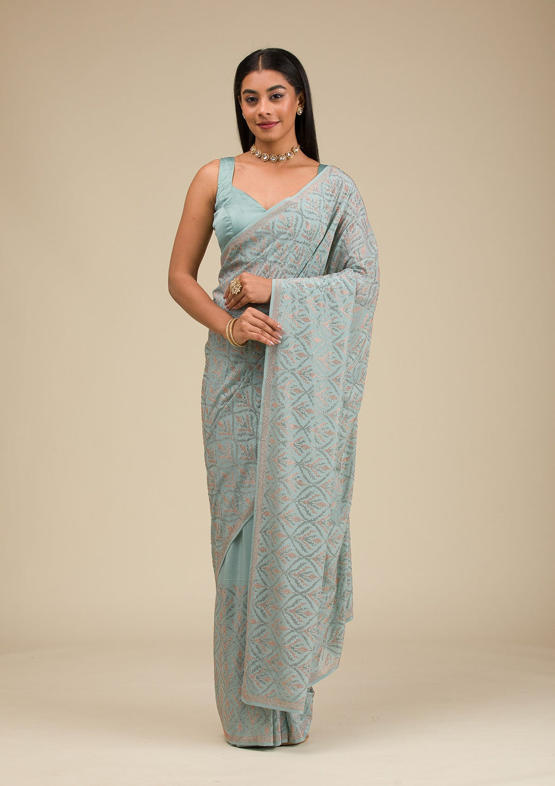 Sea Green Stonework Georgette Saree-Koskii
