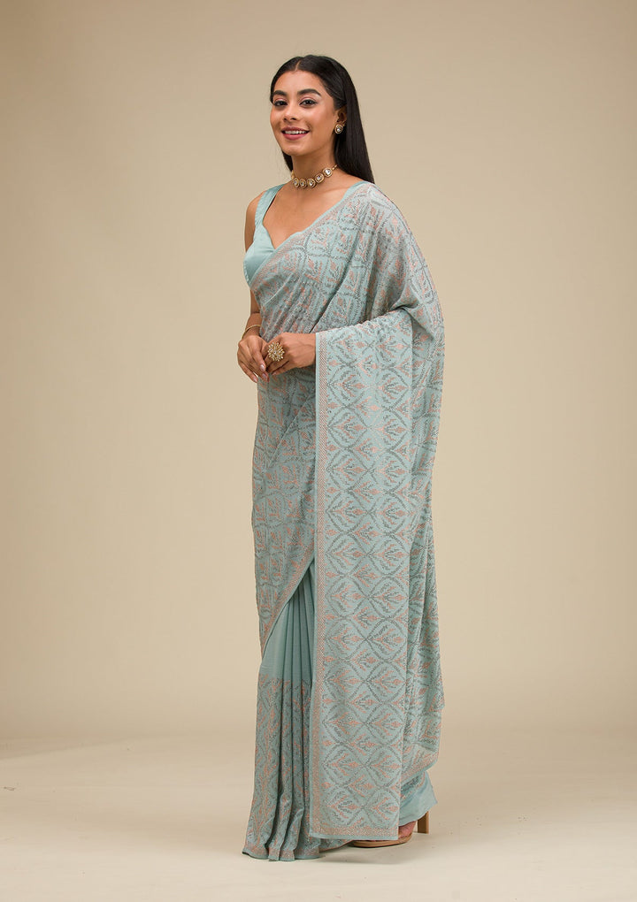 Sea Green Stonework Georgette Saree-Koskii