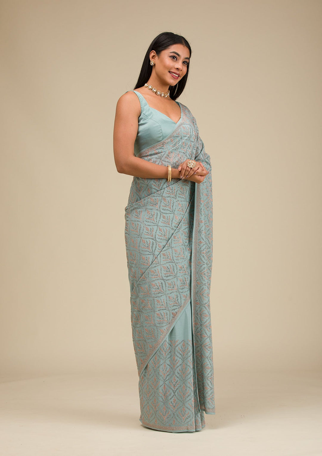 Sea Green Stonework Georgette Saree-Koskii