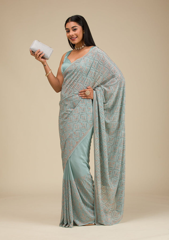 Sea Green Stonework Georgette Saree-Koskii