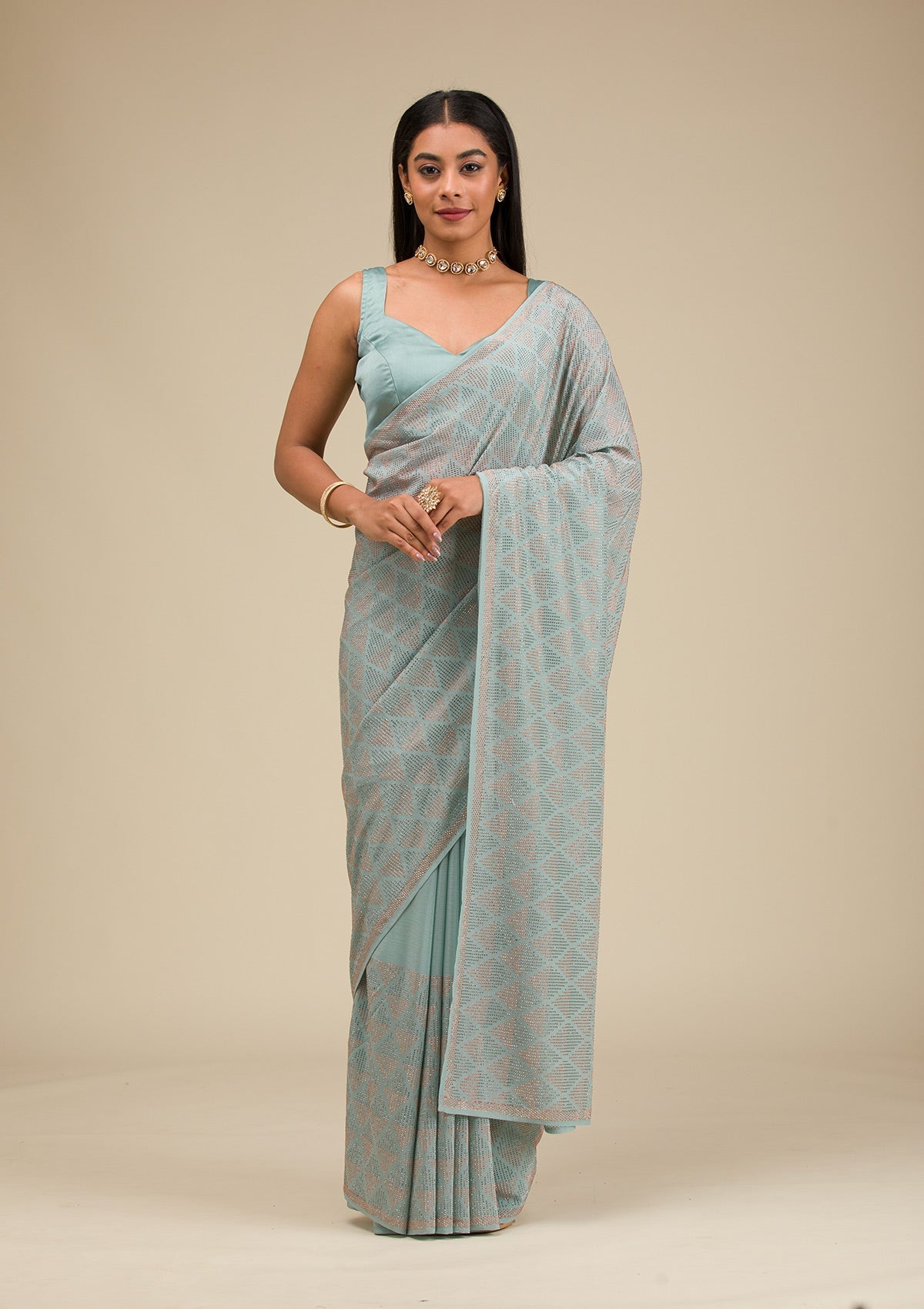 Sea Green Stonework Georgette Saree-Koskii