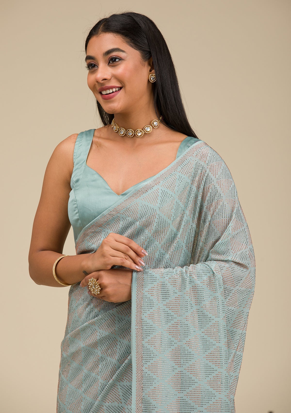 Sea Green Stonework Georgette Saree-Koskii