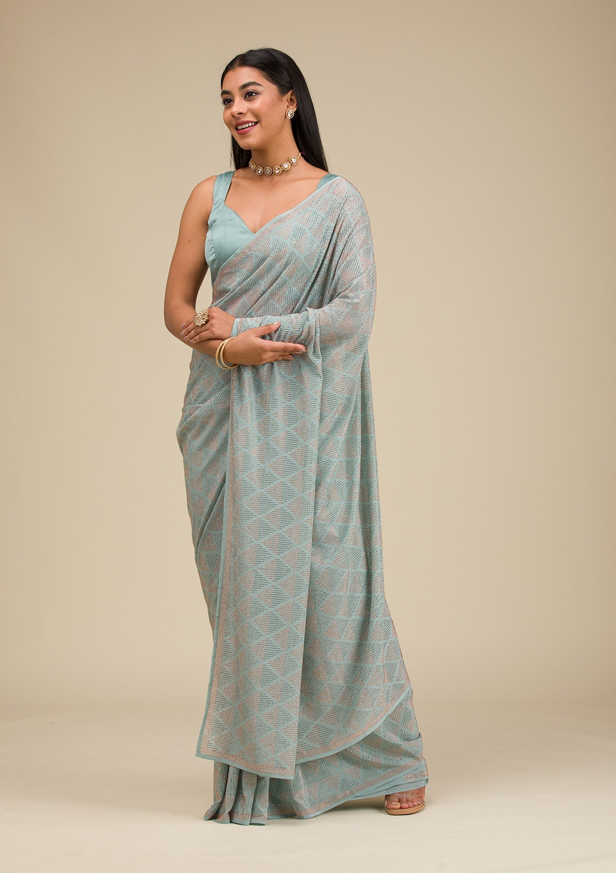 Sea Green Stonework Georgette Saree-Koskii