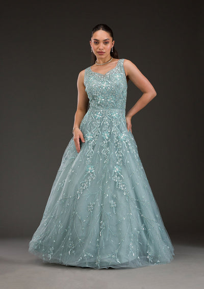 Sea Green Stonework Net Gown-Koskii