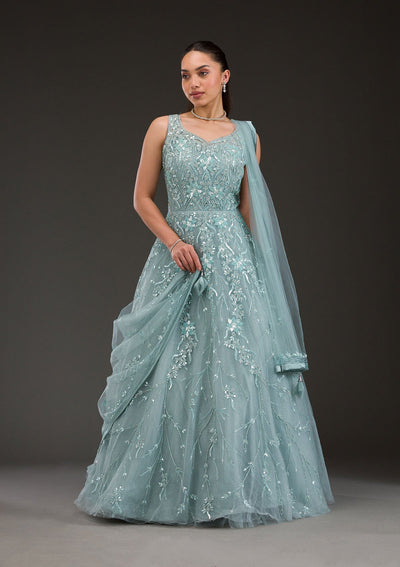 Sea Green Stonework Net Gown-Koskii