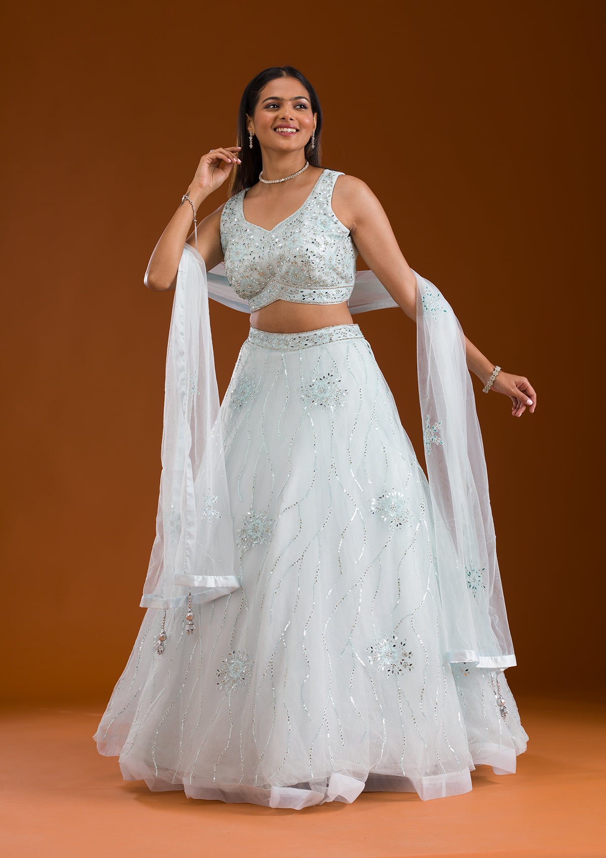 Sea Green Stonework Net Readymade Lehenga-Koskii