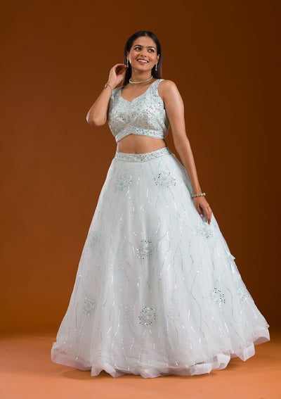 Sea Green Stonework Net Readymade Lehenga-Koskii