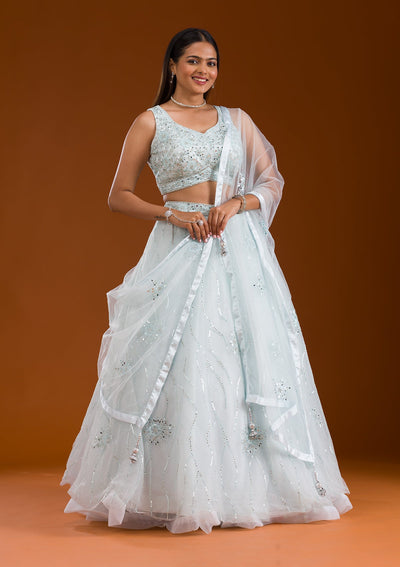 Sea Green Stonework Net Readymade Lehenga-Koskii