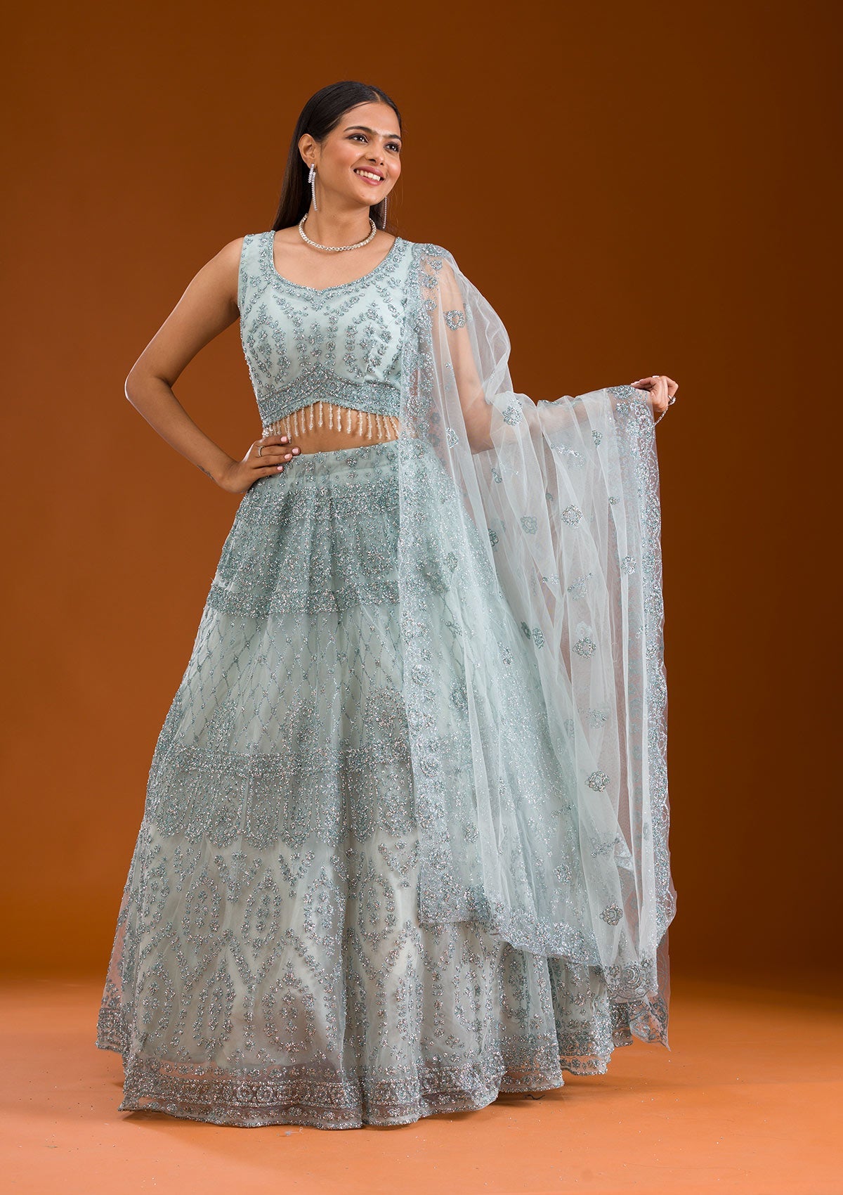 Sea Green Stonework Net Readymade Lehenga-Koskii