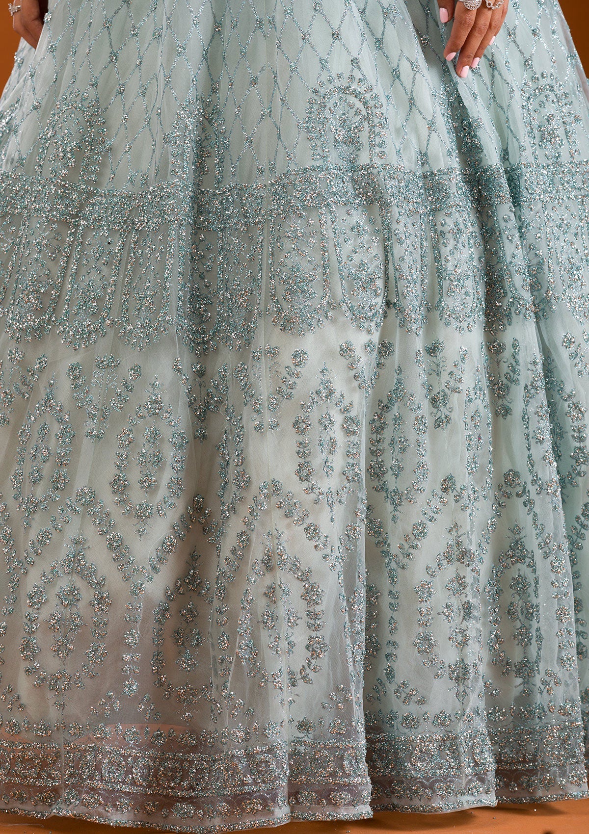 Sea Green Stonework Net Readymade Lehenga-Koskii