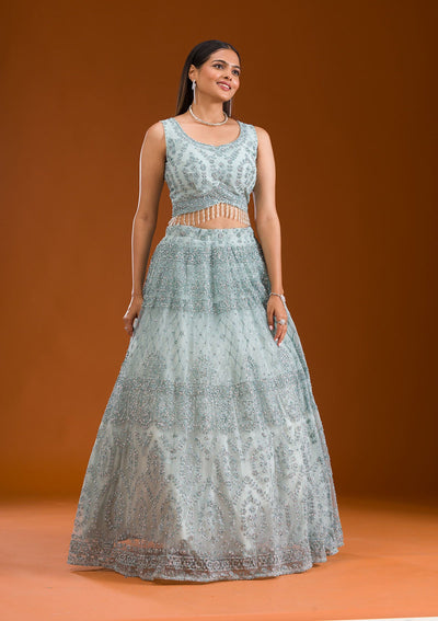 Sea Green Stonework Net Readymade Lehenga-Koskii