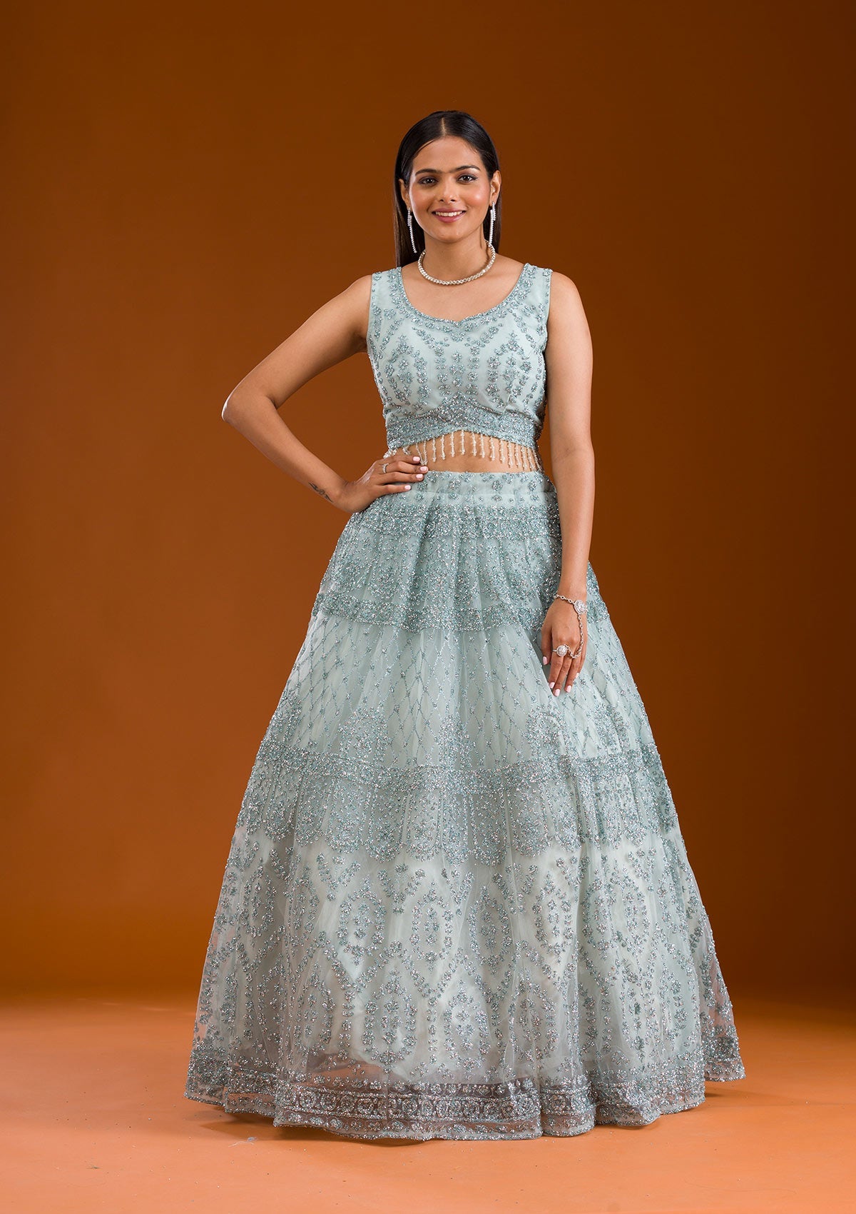 Sea Green Stonework Net Readymade Lehenga-Koskii