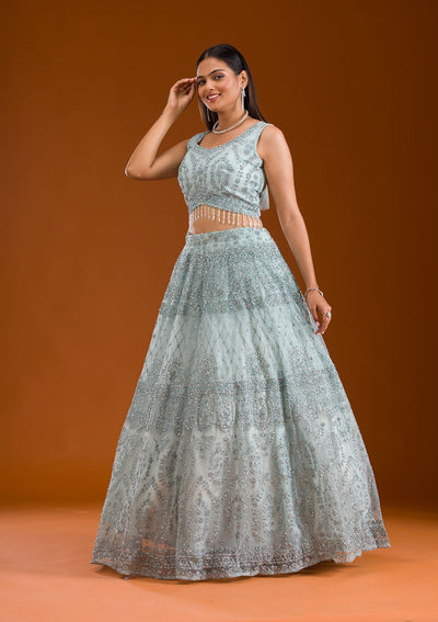 Sea Green Stonework Net Readymade Lehenga-Koskii