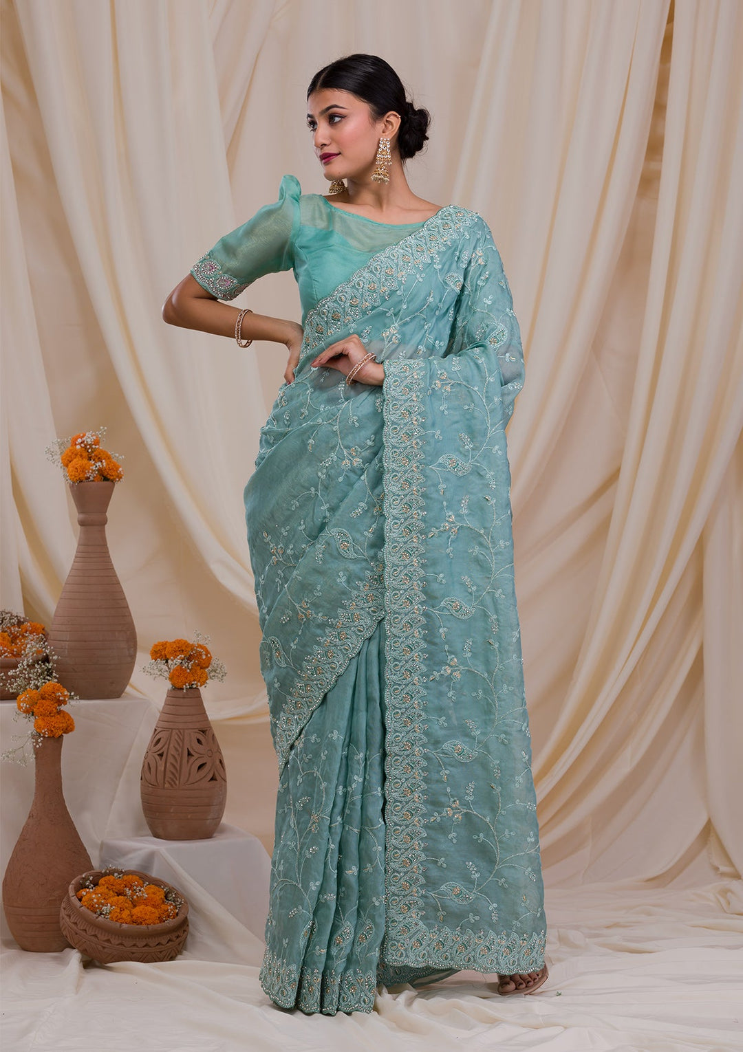 Sea Green Stonework Net Saree-Koskii
