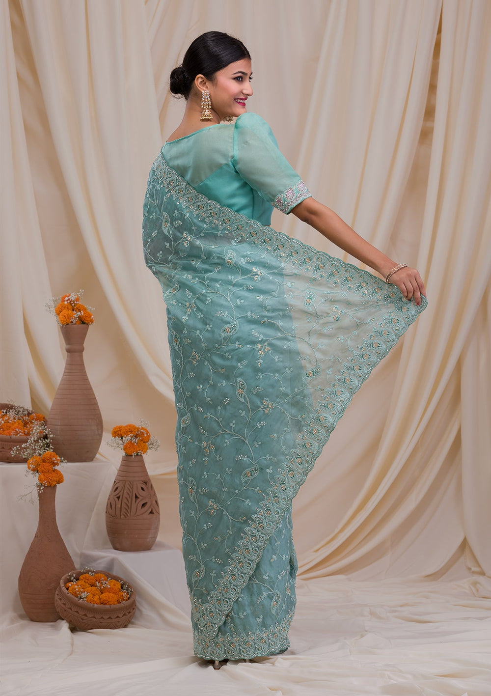 Sea Green Stonework Net Saree-Koskii