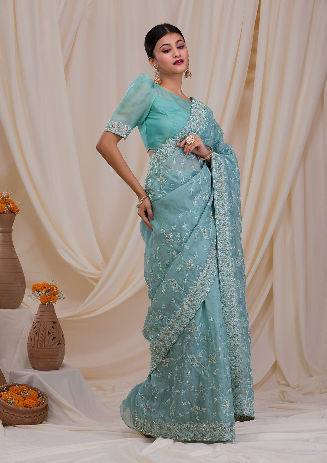 Sea Green Stonework Net Saree-Koskii
