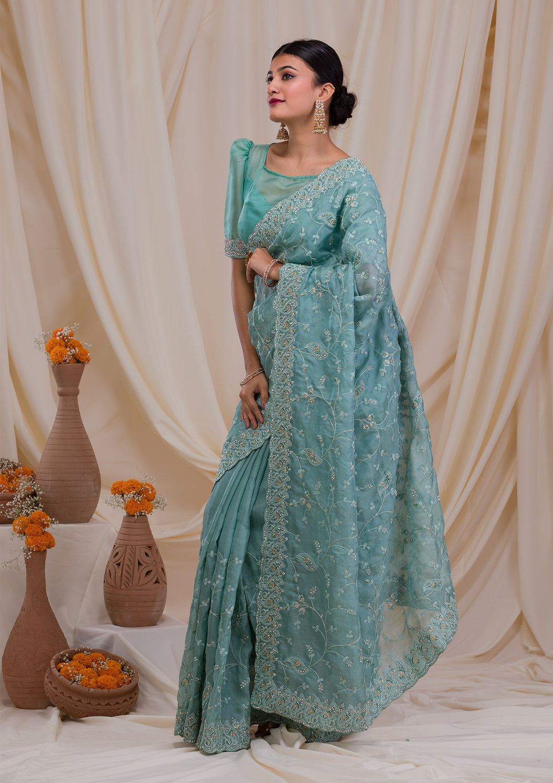 Sea Green Stonework Net Saree-Koskii
