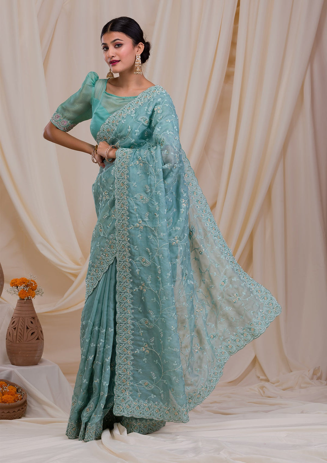 Sea Green Stonework Net Saree-Koskii