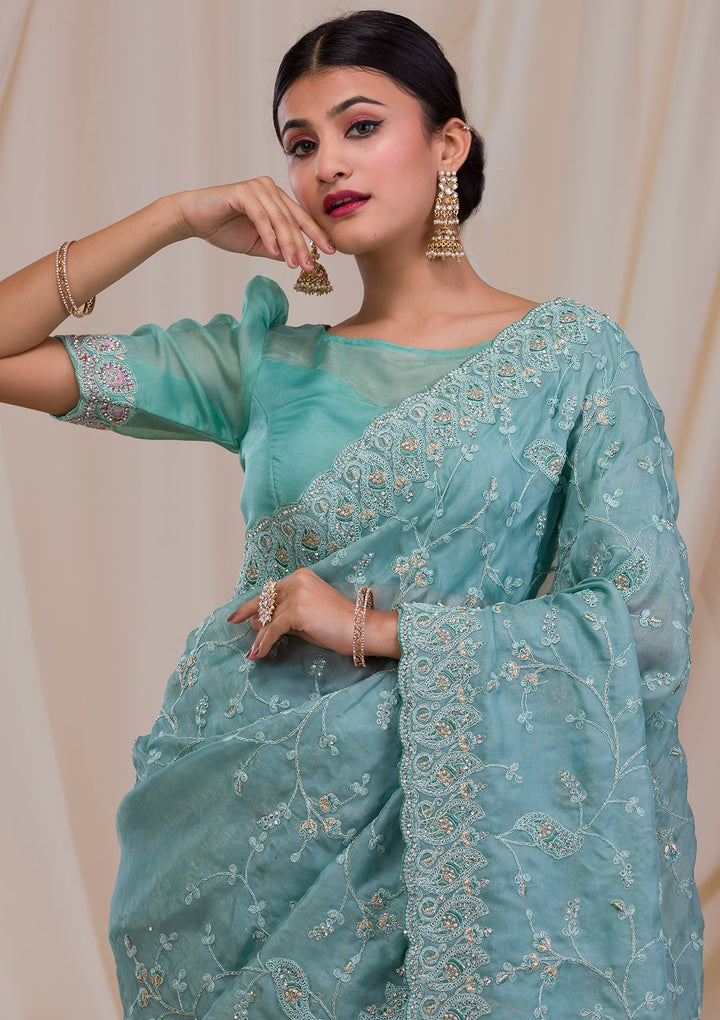 Sea Green Stonework Net Saree-Koskii