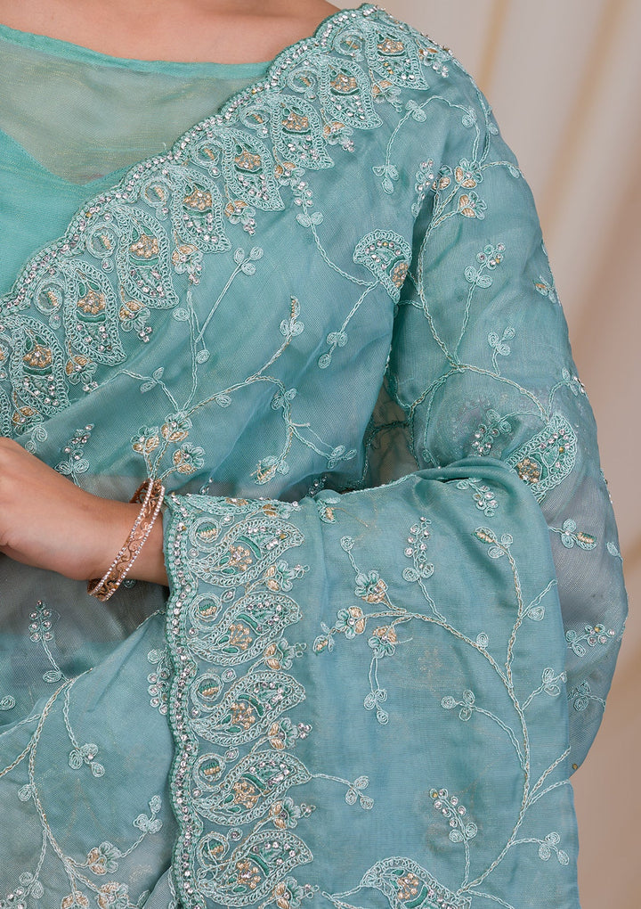 Sea Green Stonework Net Saree-Koskii