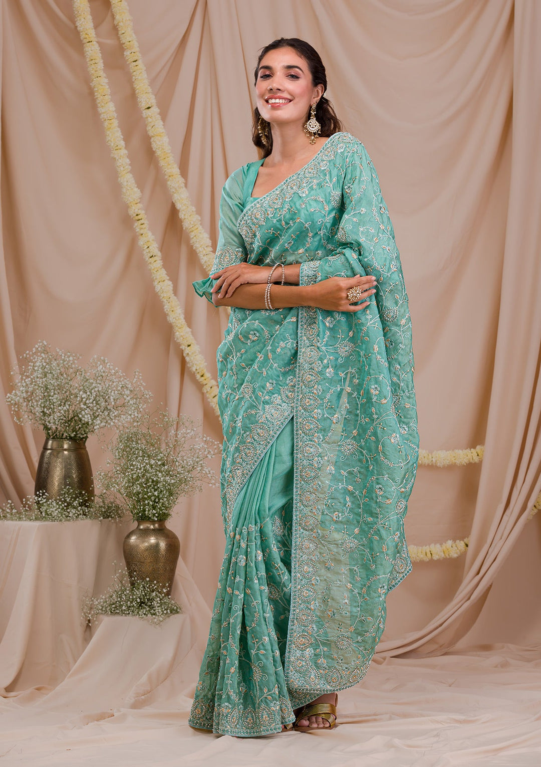 Sea Green Stonework Net Saree-Koskii