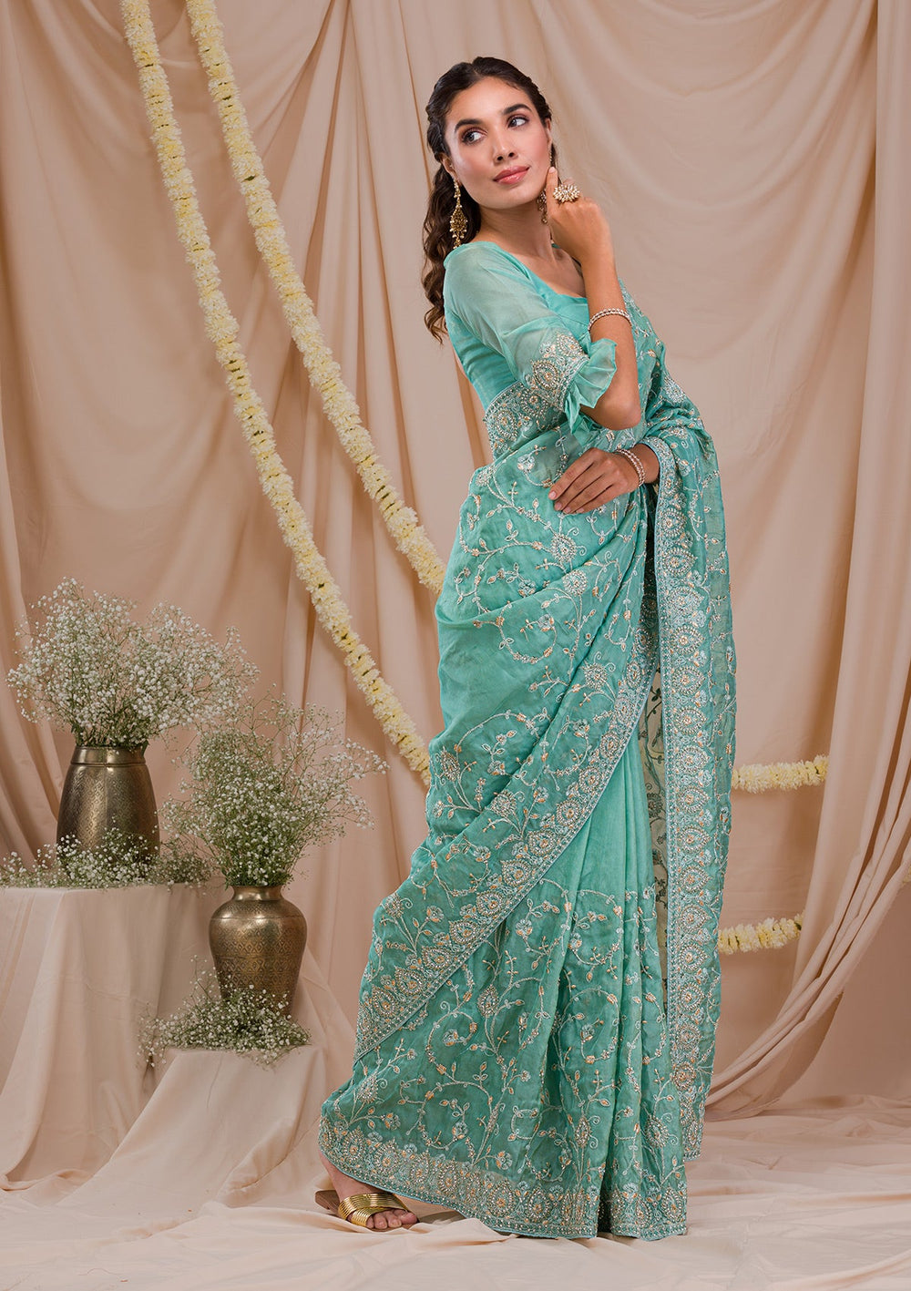 Sea Green Stonework Net Saree-Koskii