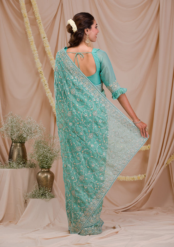 Sea Green Stonework Net Saree-Koskii
