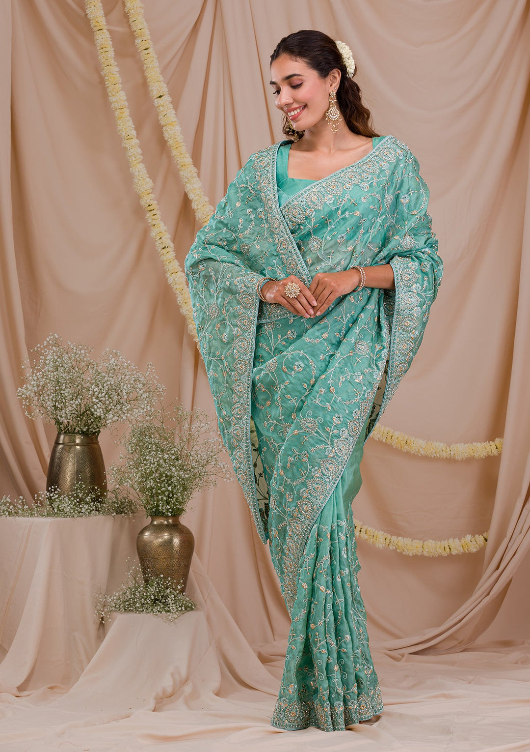 Sea Green Stonework Net Saree-Koskii